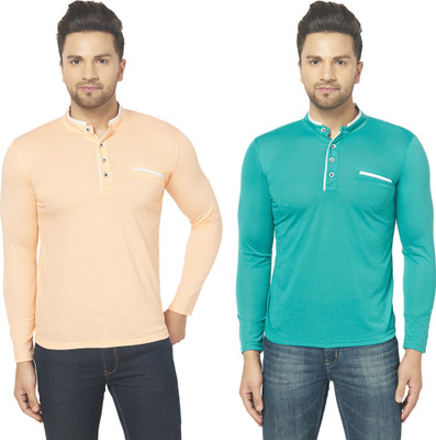 Adorbs Solid Men Mandarin Collar Beige, Light Green T-Shirt