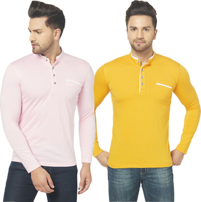 Jangoboy Solid Men Henley Neck Pink, Yellow T-Shirt