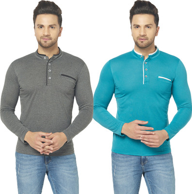 Jangoboy Solid Men Henley Neck Dark Blue, Grey T-Shirt