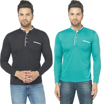 Tivy Solid Men Henley Neck Black, Light Green T-Shirt