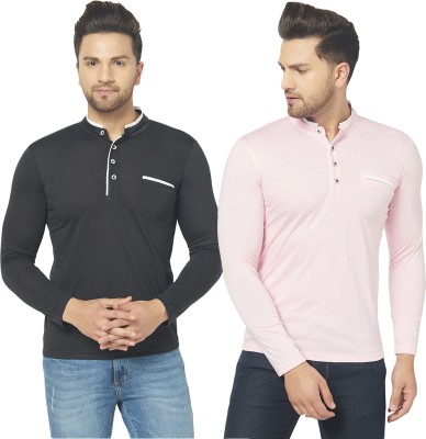 Jaskart Solid Men Henley Neck Black, Pink T-Shirt