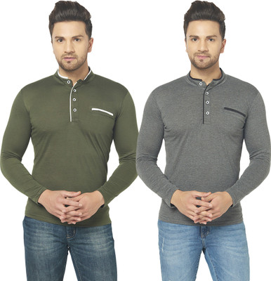 Jaskart Solid Men Henley Neck Dark Green, Grey T-Shirt