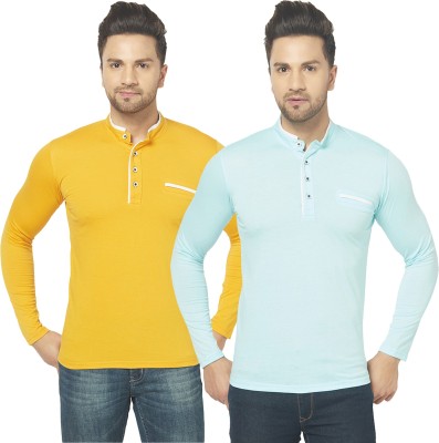 Bribzy Solid Men Mandarin Collar Blue, Yellow T-Shirt