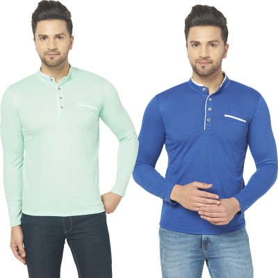 Bribzy Solid Men Mandarin Collar Blue, Light Green T-Shirt