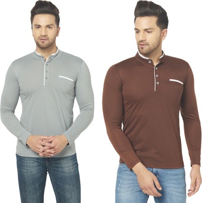 Jaskart Solid Men Henley Neck Brown, Grey T-Shirt