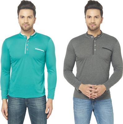 Adorbs Solid Men Henley Neck Grey, Light Green T-Shirt