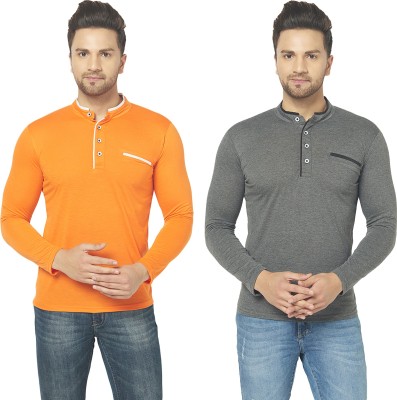 Adorbs Solid Men Henley Neck Orange, Grey T-Shirt