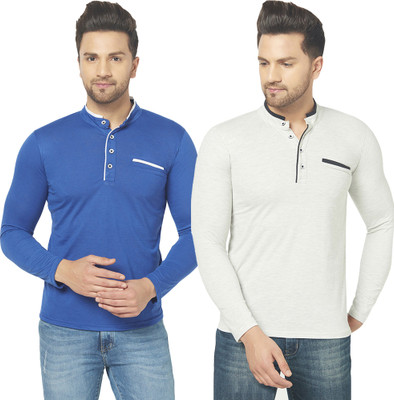 Jangoboy Solid Men Henley Neck Dark Blue, Grey T-Shirt