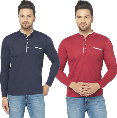 Jaskart Solid Men Mandarin Collar Dark Blue, Maroon T-Shirt