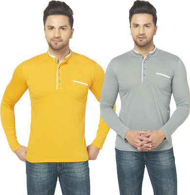 Jangoboy Solid Men Henley Neck Grey, Yellow T-Shirt
