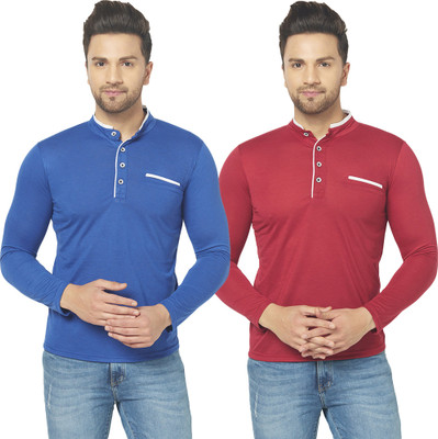 Bribzy Solid Men Mandarin Collar Blue, Maroon T-Shirt