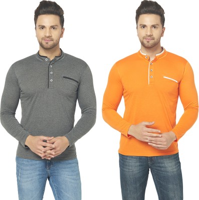 Adorbs Solid Men Henley Neck Orange, Grey T-Shirt