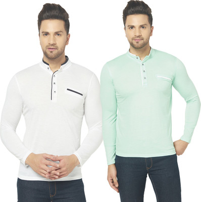 Jaskart Solid Men Henley Neck White, Green T-Shirt