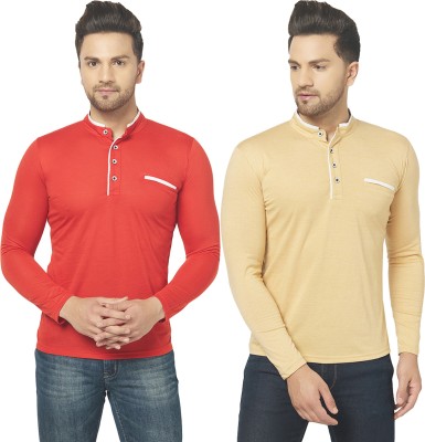 Adorbs Solid Men Henley Neck Red, Beige T-Shirt