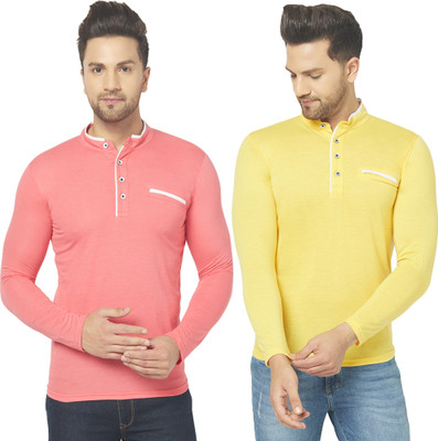 Jangoboy Solid Men Mandarin Collar Red, Yellow T-Shirt