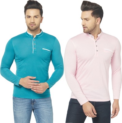 Adorbs Solid Men Henley Neck Dark Blue, Pink T-Shirt