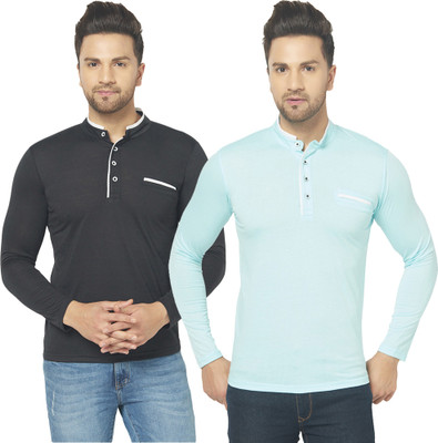 Jangoboy Solid Men Henley Neck Blue, Black T-Shirt