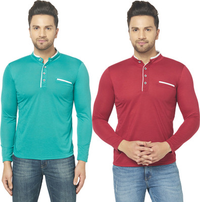 Unite Wear Solid Men Mandarin Collar Maroon, Light Green T-Shirt