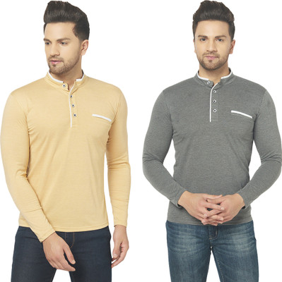 Jaskart Solid Men Henley Neck Beige, Grey T-Shirt