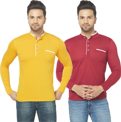 Unite Wear Solid Men Mandarin Collar Maroon, Yellow T-Shirt