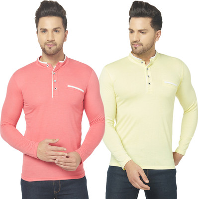 Jangoboy Solid Men Mandarin Collar Red, Yellow T-Shirt