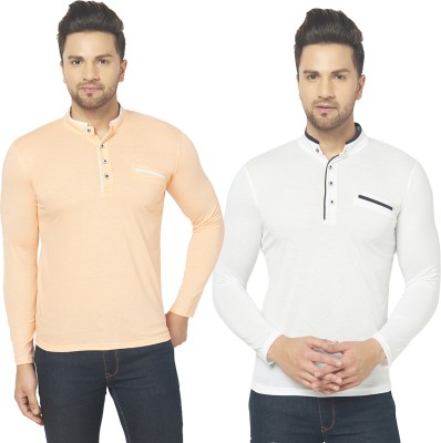 Jangoboy Solid Men Henley Neck White, Orange T-Shirt