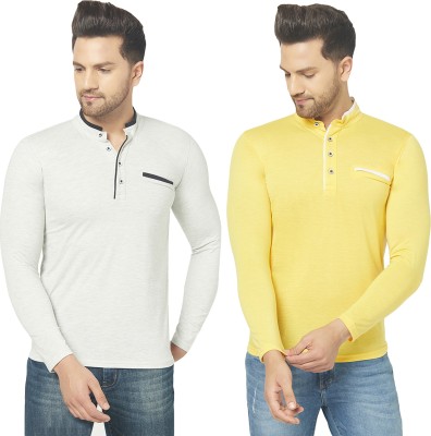 Jaskart Solid Men Henley Neck Grey, Yellow T-Shirt