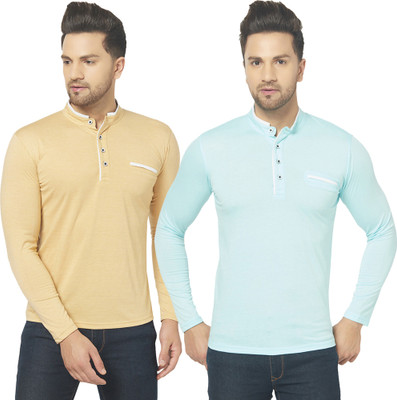 Bribzy Solid Men Mandarin Collar Blue, Beige T-Shirt