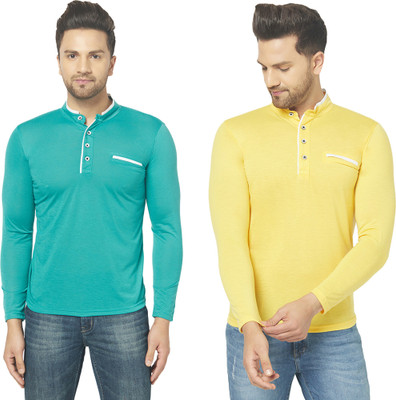 Jaskart Solid Men Henley Neck Light Green, Yellow T-Shirt