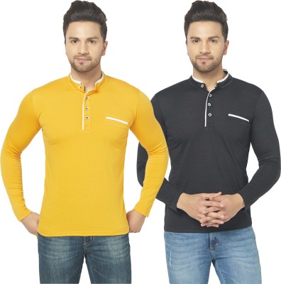 Bribzy Solid Men Mandarin Collar Black, Yellow T-Shirt