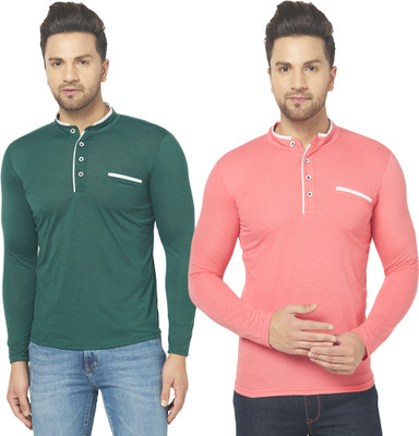 Jangoboy Solid Men Henley Neck Dark Green, Red T-Shirt