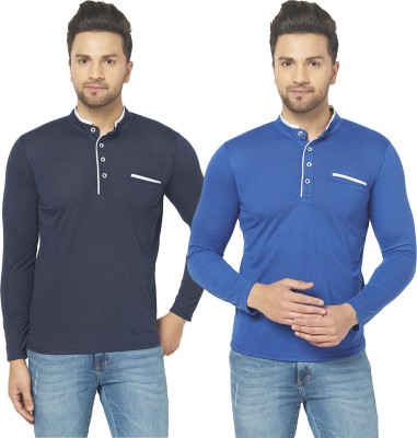 Bribzy Solid Men Mandarin Collar Blue, Navy Blue T-Shirt