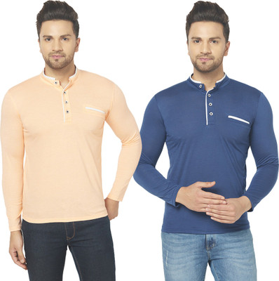 Adorbs Solid Men Mandarin Collar Dark Blue, Beige T-Shirt