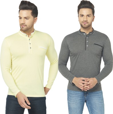 Jangoboy Solid Men Henley Neck Grey, Yellow T-Shirt