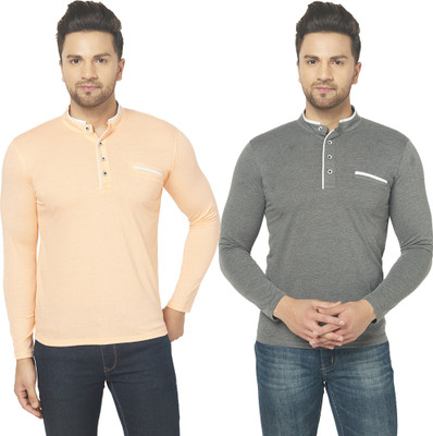 Bribzy Solid Men Mandarin Collar Beige, Grey T-Shirt