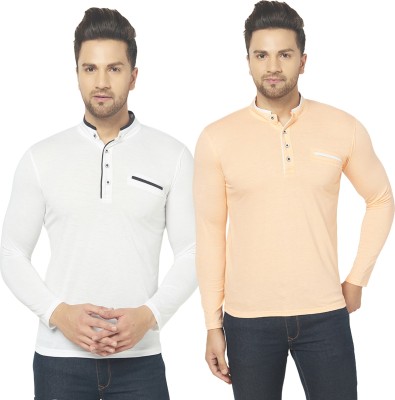 Bribzy Solid Men Mandarin Collar White, Beige T-Shirt