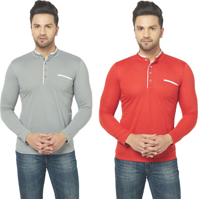 Jangoboy Solid Men Henley Neck Red, Grey T-Shirt