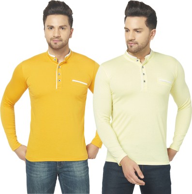 Bribzy Solid Men Mandarin Collar Yellow T-Shirt