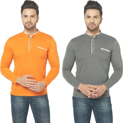 Adorbs Solid Men Henley Neck Orange, Grey T-Shirt