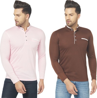 Adorbs Solid Men Henley Neck Brown, Pink T-Shirt