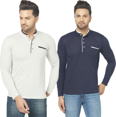 Jaskart Solid Men Henley Neck Dark Blue, Grey T-Shirt