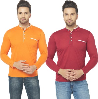 Jangoboy Solid Men Henley Neck Maroon, Orange T-Shirt