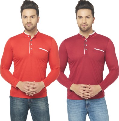 Tivy Solid Men Henley Neck Red, Maroon T-Shirt