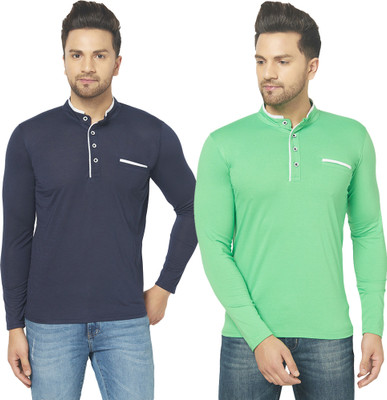 Jaskart Solid Men Mandarin Collar Dark Blue, Green T-Shirt