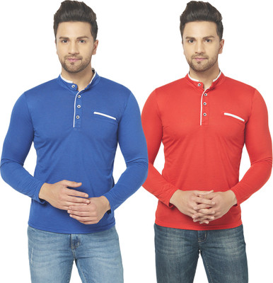 Jaskart Solid Men Mandarin Collar Dark Blue, Red T-Shirt