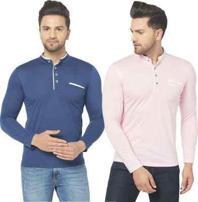 Jaskart Solid Men Henley Neck Dark Blue, Pink T-Shirt