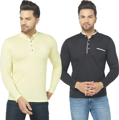 Jangoboy Solid Men Henley Neck Black, Yellow T-Shirt