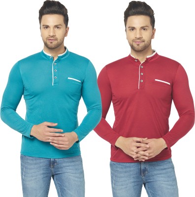 Jaskart Solid Men Henley Neck Dark Blue, Maroon T-Shirt