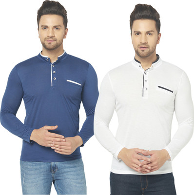 Jangoboy Solid Men Mandarin Collar Dark Blue, White T-Shirt
