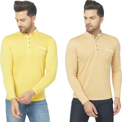 Jangoboy Solid Men Mandarin Collar Beige, Yellow T-Shirt